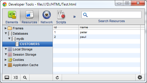 Chrome Developer Tools - Web SQL Database